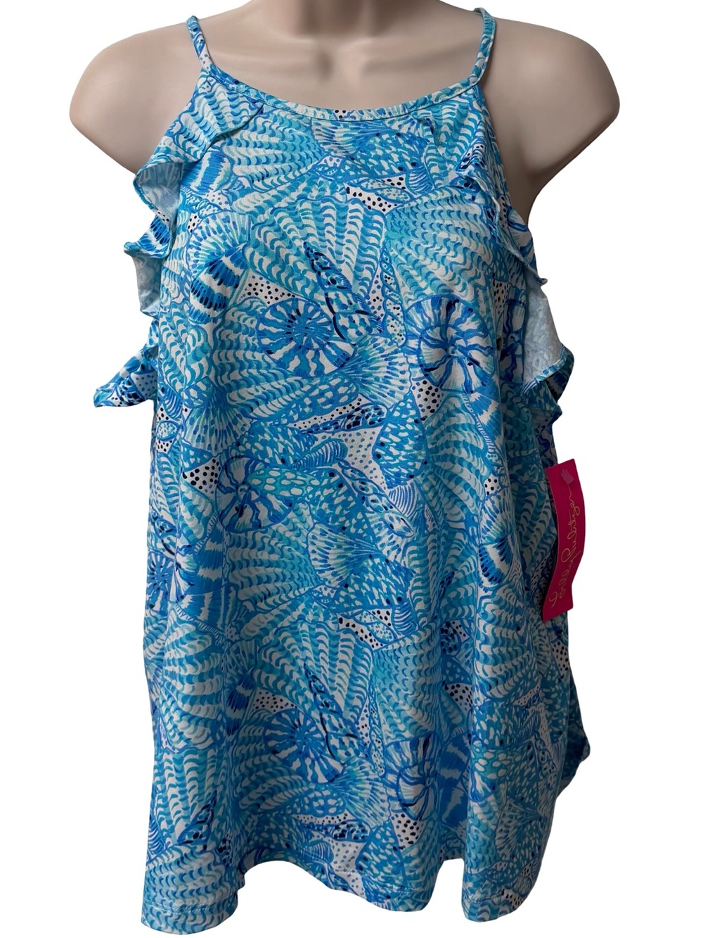 Lilly Pulitzer Billie Halter Tank Blue Tropical Seashell Print Ruffle New Large
